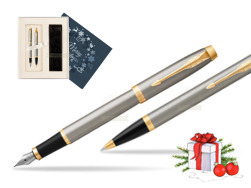 Zestaw Prezentowy Parker Pióro wieczne + Długopis IM Brushed Metal GT w pudełku Merry Christmas granatowe